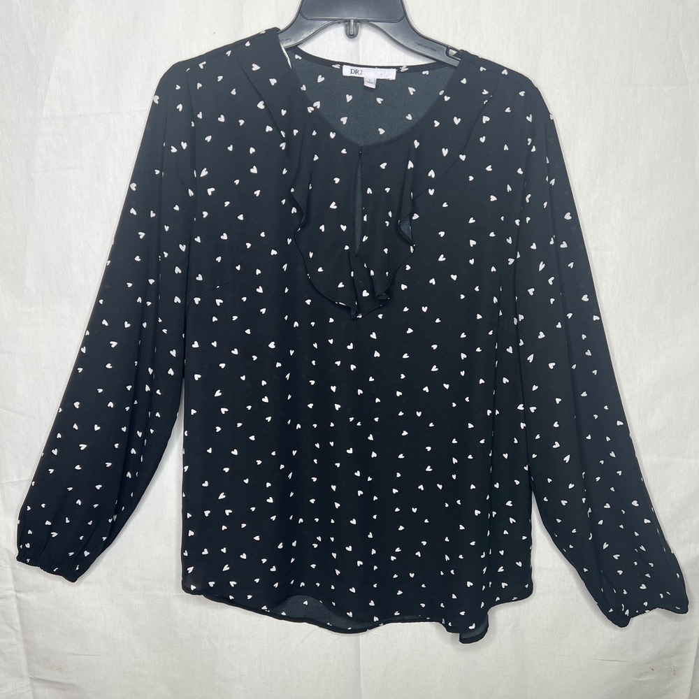 DR2 by Daniel Rainn Black Heart Print‎ Ruffle Keyhole Neck Blouse Womens Large